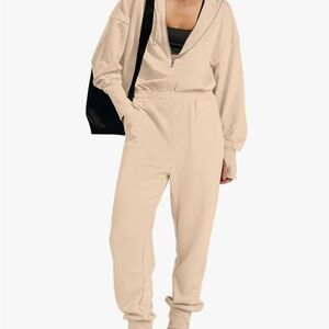 Women's Beige Track Pant Jumpsuit with hood